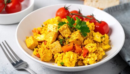 A plate of scrambled tofu with cherry tomatoes and fresh parsley, served with a fork on a textured gray background. Concept for a healthy breakfast