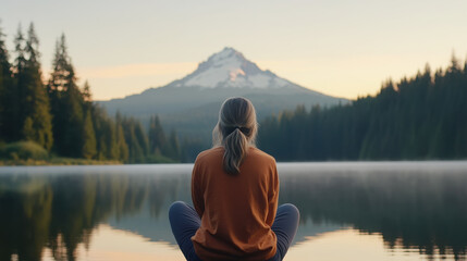 Serene lakeside contemplation at sunset with mountain view