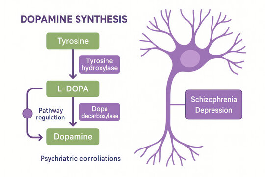 Dopamine Synthesis Pathway and Psychiatric Correlations, Illustration