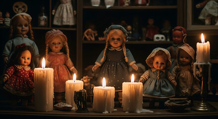 Creepy dolls displayed with lit candles in a dimly lit room with a shelf in the background
