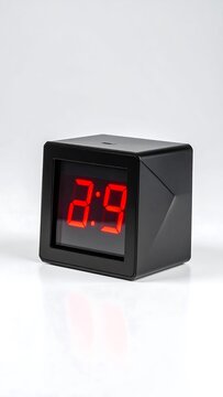 A black digital clock with red digits
