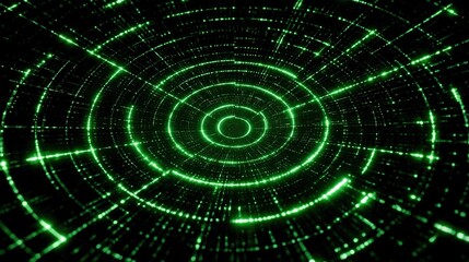 Obraz premium A green and black background with a circular design in the center of the image features a spiral of green lights