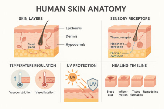 Human Skin Anatomy Illustration: Layers, Receptors, Regulation, UV Protection, Healing [Illustration]