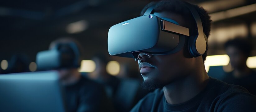 A person wearing VR headset at a computer with others, immersed in virtual reality