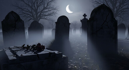 A foggy graveyard scene with tombstones and a crescent moon in the dark sky at night time scene