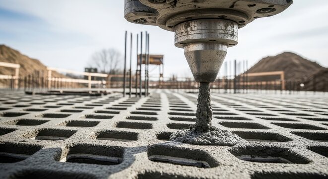 Close up of a large 3D printer nozzle extruding cement to construct walls on a building site. New technology for house creation.