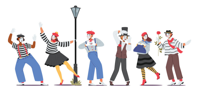 Cute mime actor and actress cartoon characters wearing traditional clothing and headgear set