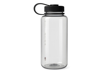 Transparent reusable water bottle with black cap and handle isolated on white background