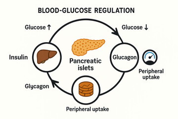 Blood Glucose Regulation Cycle - Illustration of Pancreas, Insulin, Glucagon [Illustration]