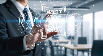 A person touching a futuristic digital QR code interface.