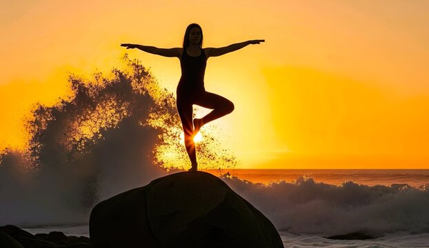 Silhouetted woman in a yoga pose against a city sunset - Powered by Adobe