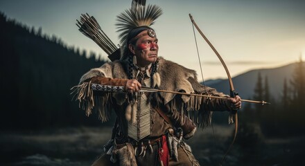 Indigenous tribal man in traditional headdress and fur attire drawing a bow with an arrow. Native american hunter aiming.