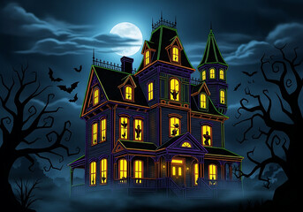 A spooky haunted house with silhouettes in the windows under a full moon on a dark halloween night