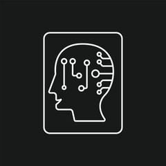 Stylized Human Head with Circuit Nodes Inside Rounded Frame on Black Background Representing Artificial Intelligence, Neural Networks, and Cognitive Technology.
