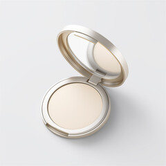 Compact face powder in silver case placed on white background, symbolizing cosmetics, beauty, skincare routine and modern feminine lifestyle with product advertising concept.