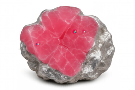 Pink rhodochrosite crystal showing cleavage embedded in its matrix on a transparent background