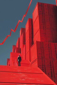 Tariffs concept animation - CEO man in suit climbing stairs, rising costs, overseas trade, global commerce - containers, trade war policy-  import and export prices, divided nations, low profit