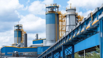Obraz premium Cement manufacturing facility with rotary kilns and material handling equipment heavy industrial processing with dust control systems and environmental management protocols