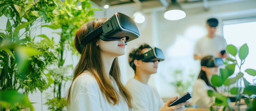 People wearing VR headsets among plants in an office, exploring new reality