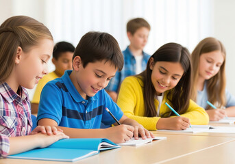 Focused students writing in notebooks during class. ideal for education, study habits, or academic visuals highlighting concentration and learning.