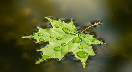 Green Maple Leaf with Water Droplets Floating on Water.