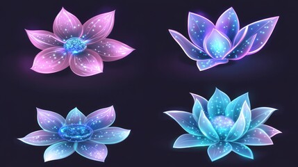 Four glowing, translucent flowers in pink and blue on a dark background