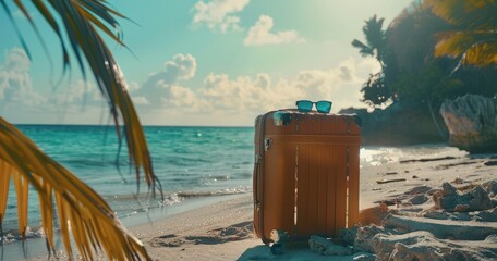 Vintage trunk rests on a tropical beach beside the ocean waves under sunny skies