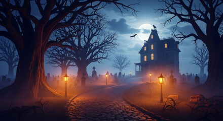 A spooky haunted house in a graveyard under a full moon with trees and street lamps at night time