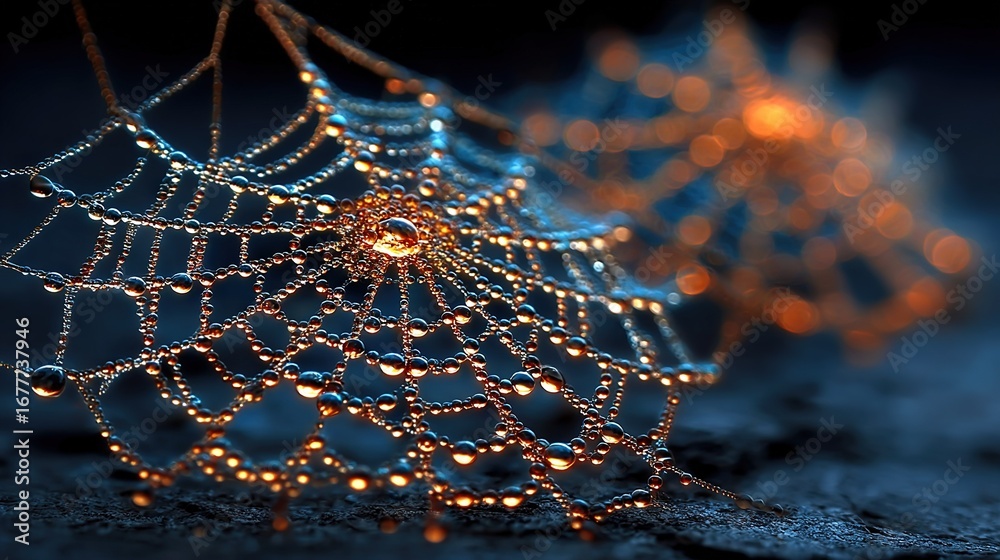 Poster a macro shot of a spider web adorned with droplets of dew against a black backdrop