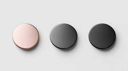 Three round objects, rose gold, grey, and black, centered on a white surface