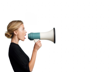 Woman speaking into a megaphone isolated on transparent background