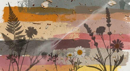 Textured Paper Collage with Botanical Shadows and Sunlit Streaks