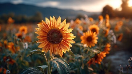   A sunflower amidst a sea of sunflowers against a backdrop of majestic mountains
