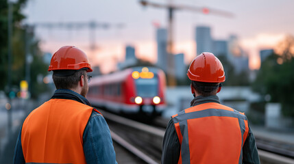 Construction workers in safety gear observe a red train approaching on active railway tracks against an industrial urban skyline backdrop with cranes and infrastructure development