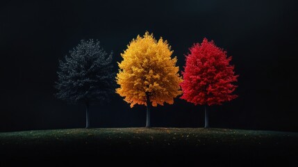 Three stylized trees, dark gray, gold, and crimson, stand in a row against a stark black background, showcasing autumnal foliage in a digitally rendered scene