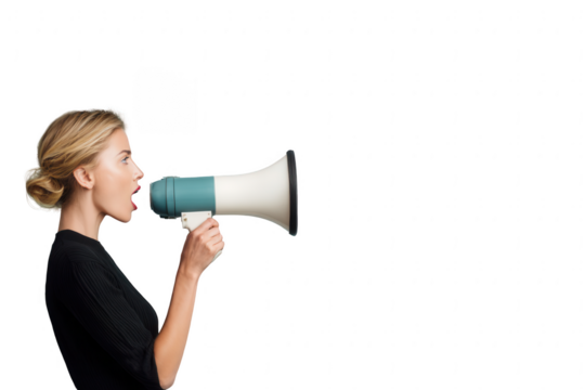 Woman speaking into a megaphone isolated on transparent background
