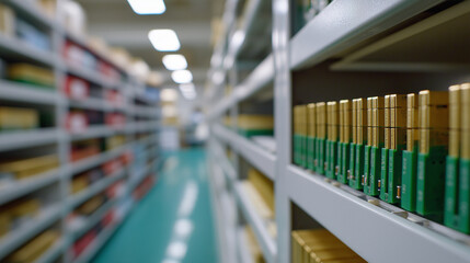 Obraz premium Electronic components storage facility with anti static flooring and humidity control systems semiconductor chips and circuit boards organized in climate controlled environment