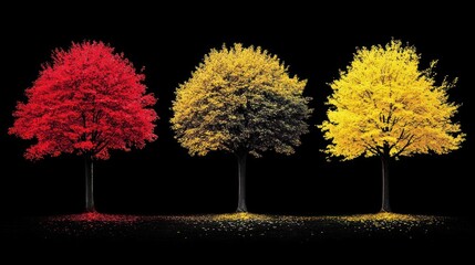 Three stylized trees against a black background, showcasing vibrant red, gold, and yellow autumn foliage, positioned in a row.  Minimalist, autumnal aesthetic