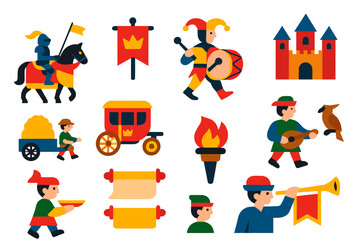 Naklejka premium Medieval Parade Icons. Flat vector icons of medieval-style parades: knight on horse, royal banner, jester with drum, noble