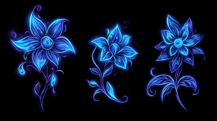 Three luminous blue fantasy flowers on black