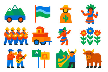 Fototapeta premium Regional Parade Icons. Flat vector icons of regional parades: mountain float, river flag, desert costume, valley drumline, local