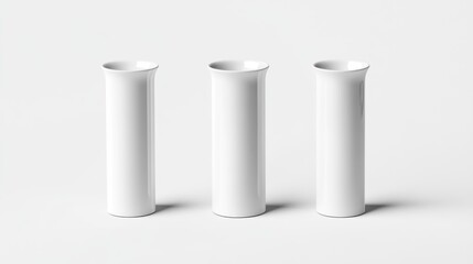 Three simple, sleek, white cylindrical vases isolated on a bright white background
