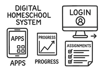 Obraz premium Digital Homeschool Doodles. Digital homeschool system doodle set: hand drawn icons for apps, logins, progress charts, and