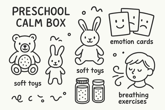 Calm Box Doodle Set. Preschool calm box doodle set: hand drawn icons for soft toys, emotion cards, calm-down jars, and breathing