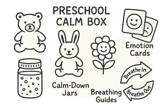 Calm Box Doodle Set. Preschool calm box doodle set: hand drawn icons for soft toys, emotion cards, calm-down jars, and breathing