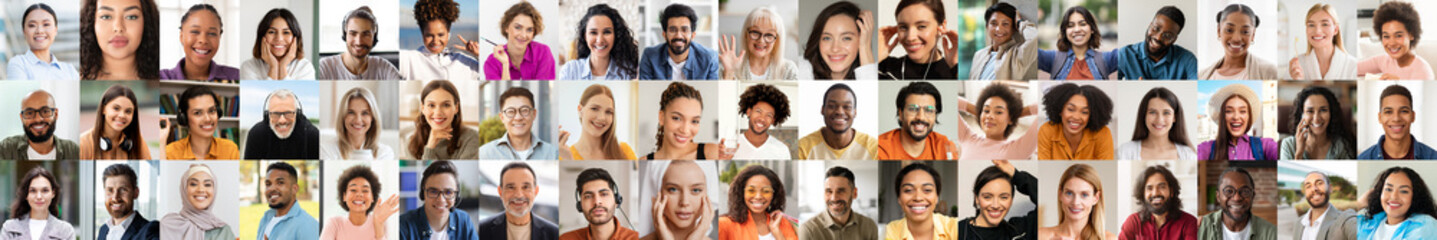 Fototapeta premium A collection of joyful faces from various backgrounds, showcasing a mix of cultures and lifestyles. Each individual expresses happiness and togetherness in this vivid portrait tapestry.
