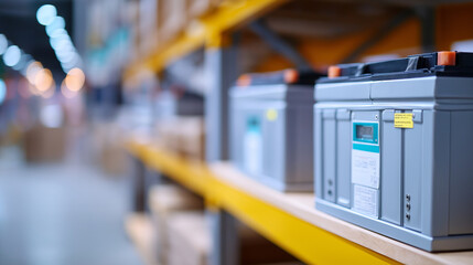 Battery storage warehouse with lithium ion cells and energy storage systems specialized fire suppression equipment and thermal monitoring ensuring safe handling of energy storage