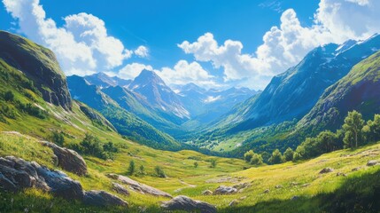 A scenic valley with lush greenery, majestic mountains, and a bright blue sky, capturing the beauty of nature in a serene landscape.
