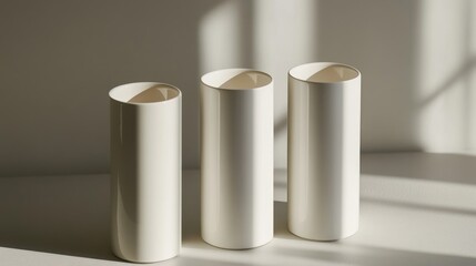 Three Cylindrical Ceramic Vessels in Natural Light with Soft Shadows.