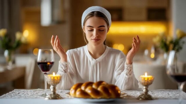 A Jewish woman lights Shabbat candles, surrounded by a table of challah and wine, in preparation for family gathering.